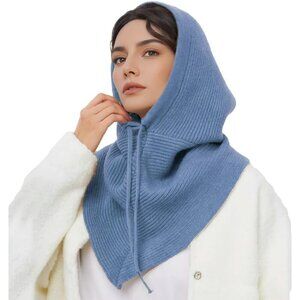 Women Blue Hooded Scarf Winter Beanie Hats Beanies Knitted Crochet Hat